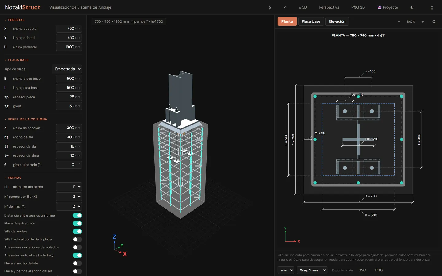 NS Visualizador en pantalla: panel de dimensiones a la izquierda (pedestal, placa base, perfil de la columna, pernos), modelo 3D del anclaje al centro y vista en planta acotada a la derecha.